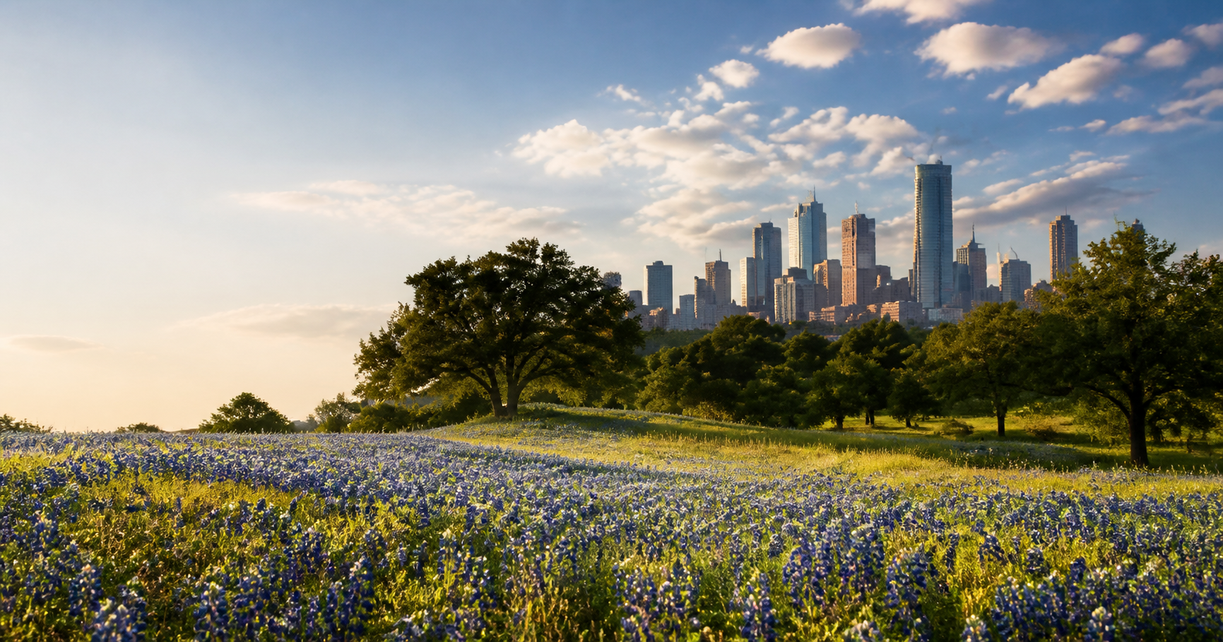 Texas bluebonnets, live oaks, and a city skyline in warm afternoon light
